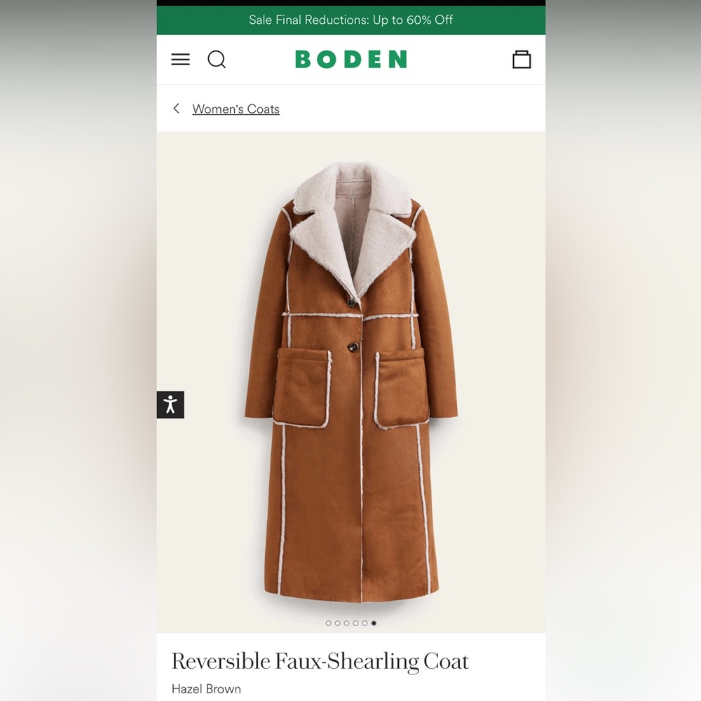 Boden Reversible Faux Shearling coat in Hazel Brown Size 16/18